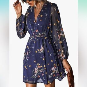 XS Cupshe Navy Floral Long Sleeve Dress